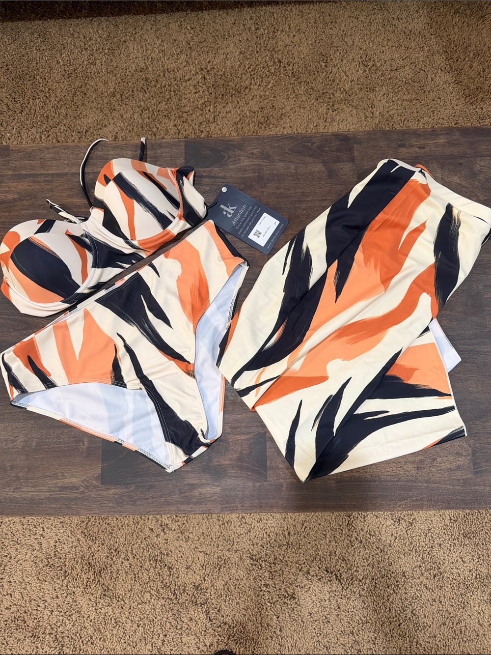 Women's Printed High-Waist Pants & Bikini Set in Orange, Black & Cream